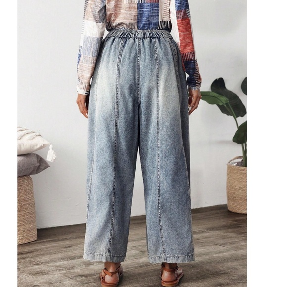 Western Light Wash Stretchy Waist Pockets Wide leg Cropped Denim Jean Pants - Picture 5 of 5